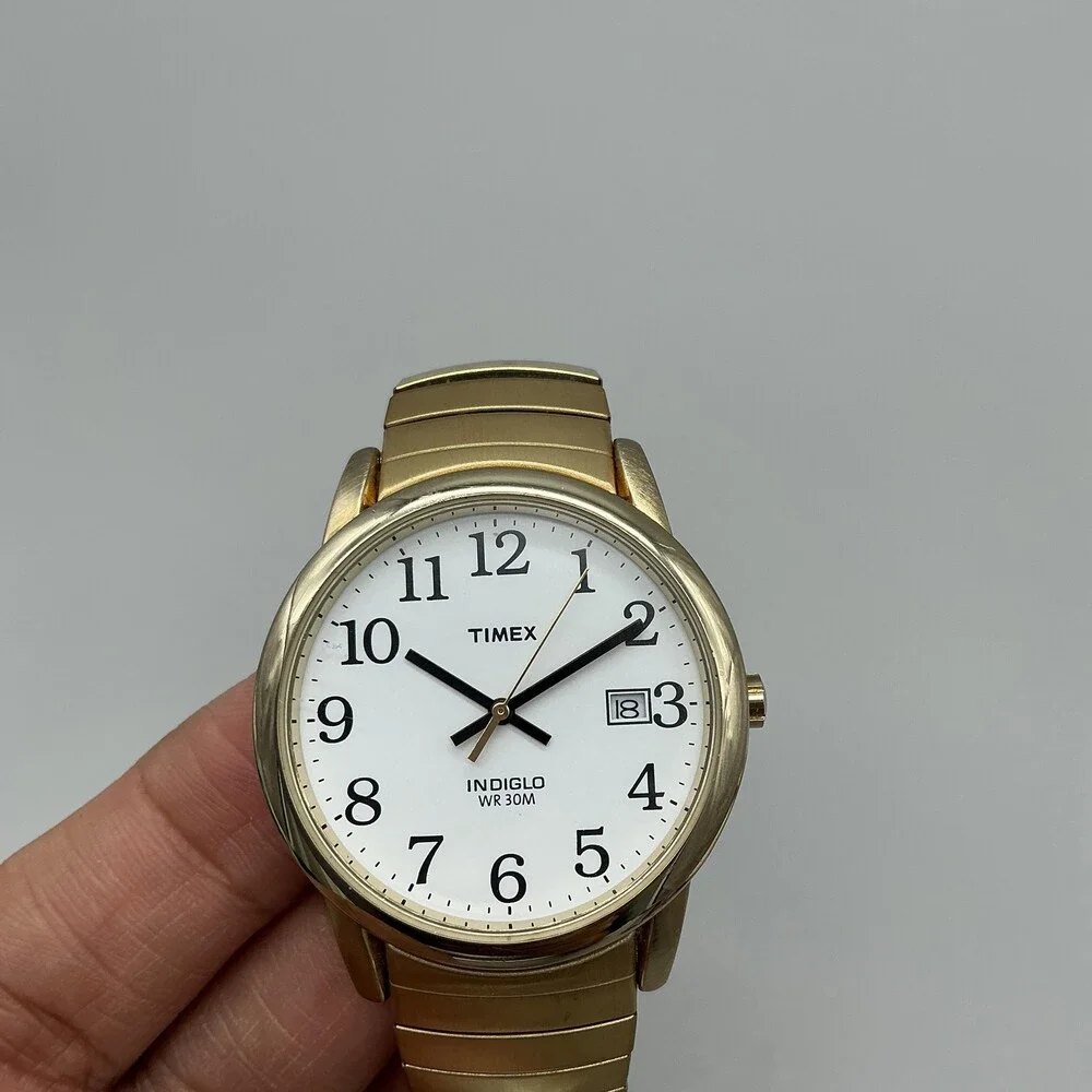 Timex Indiglo WR 30M Mens Watch 35mm Gold Tone Date Stretch New Battery